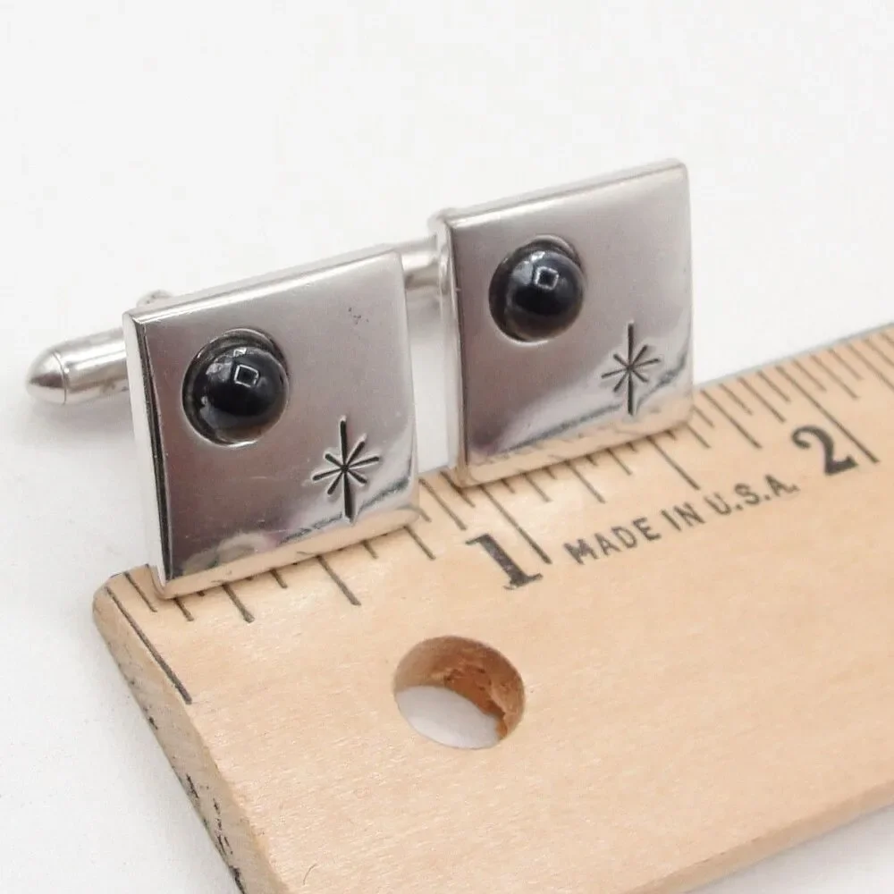 Vintage Swank Silver Tone Square Starburst Cufflinks Black Onyx Cabochon MCM